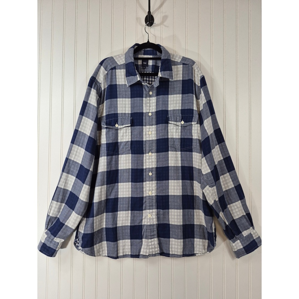 Gap Mens XL Blue White Buffalo Plaid Cotton Button Down Shirt Long Sleeve Pocket